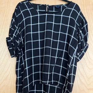 Saks 5th Ave high-low blouse with checkered pattern, prime for summer workdays.